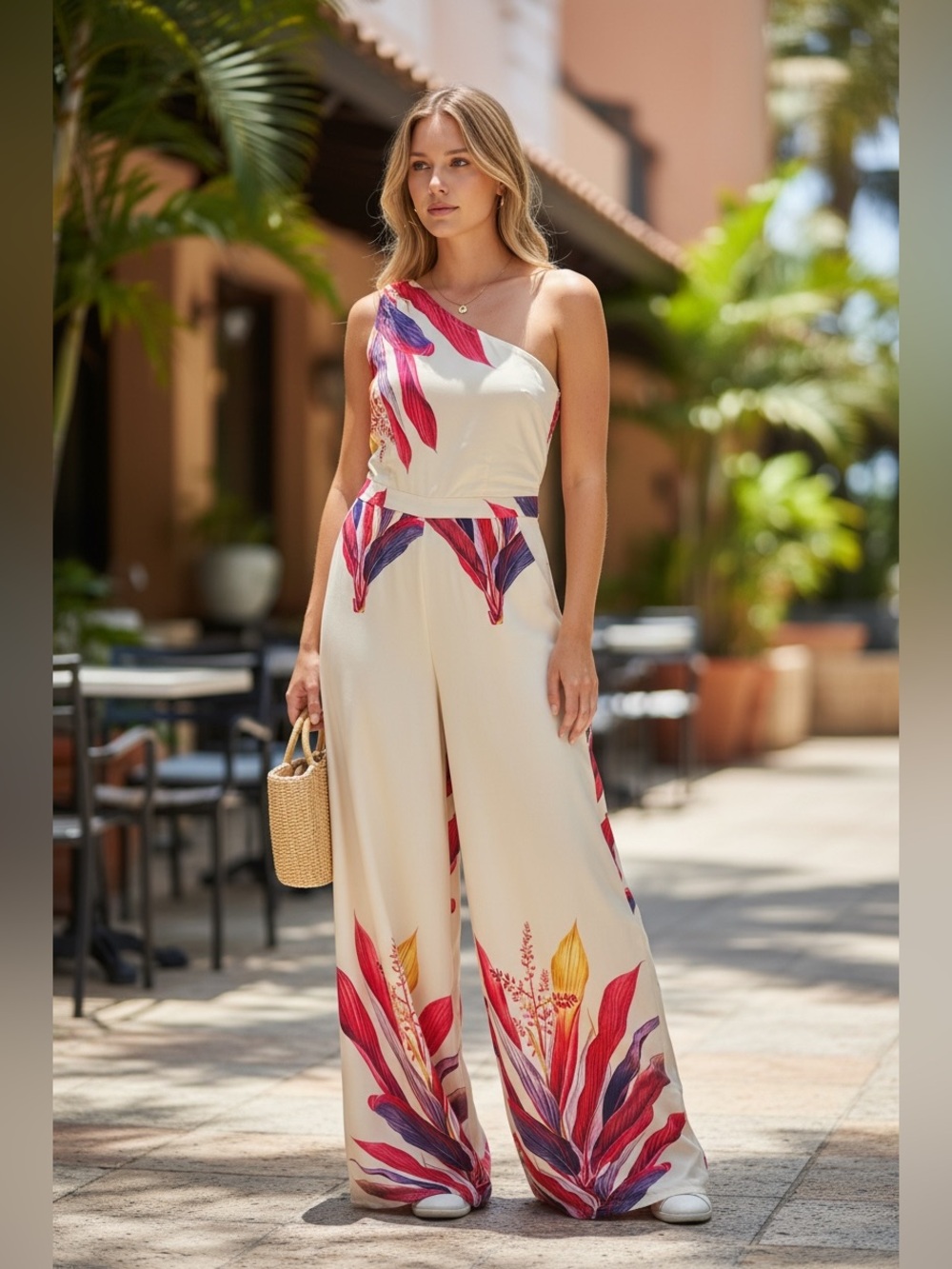 Modern Muse One-Shoulder Cream Floral Wide-Leg Jumpsuit with Pink & Purple Print